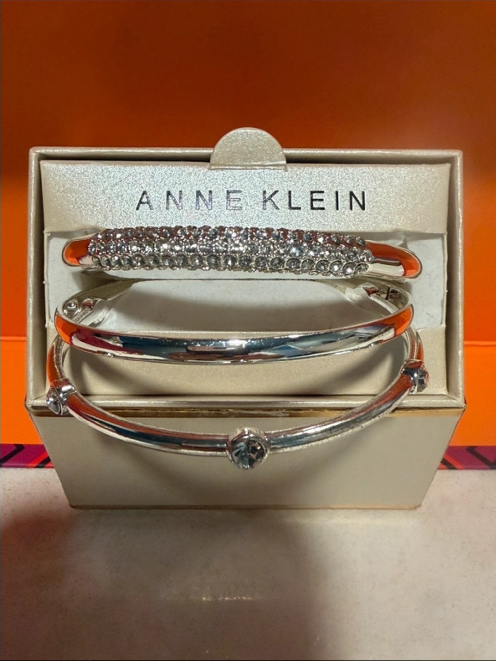 Anne Klein Silver Tone Crystal Accent Bangle Set - Silver